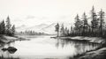 Hyperrealistic Black And White Lake Painting With Pine Trees And Mountains Royalty Free Stock Photo