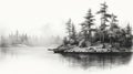 Hyperrealistic Black And White Painting Of A Serene Lake With Pine Trees Royalty Free Stock Photo