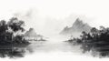 Black And White Mountain Painting Delicate Fantasy Worlds In Chinese Watercolor Style