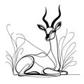 A black and white drawing of a sitting antelope with large horns, surrounded by tall grass and reeds.