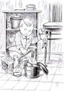 Black and white drawing of a small kid playing in the kitchen Royalty Free Stock Photo
