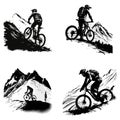 Black and white drawing of sportsmen on mountain bikes on a white background.