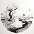 Surrealistic Fantasy Landscape: Black And White River And Tree Drawing