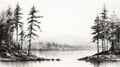 Serene Black And White Mountain Lake Drawing With Pine Trees Royalty Free Stock Photo