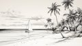 Monochrome Landscape: Detailed Drawing Of Palm Trees And Boat In Tropical Beach