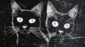 A black and white drawing of two cats with big eyes, AI Royalty Free Stock Photo