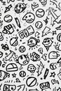 Black and white drawing of various cartoon faces and objects Royalty Free Stock Photo