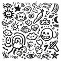 A black and white drawing of various faces and objects, including a carrot Royalty Free Stock Photo