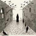 Surreal Architectural Landscape: Woman With Crows In Alley