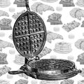 Vintage Waffle Iron Illustration on a background of assorted baked goods