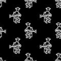 Black and white drawn stick figure of cowboy musician western seamless pattern. Wild masculine guitar player for