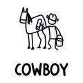 Black and white drawn stick figure of cowboy washing horse text. Wild country stable man for monochrome rodeo folk icon