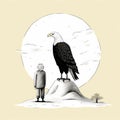 Black And White Eagle Illustration With Human In Minimalistic Style