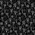 Black and white eamless pattern with isolated crocus flowers drawn by hand.
