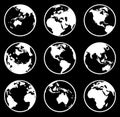 Black and white Earth globe set. Wrapped World map in round shape