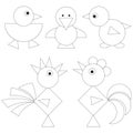 Black white Easter chickens from geometric shapes for coloring.