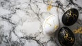 Black and white easter eggs, adorned with elegant golden cracks, resting on a pristine white marble table, evoke a Royalty Free Stock Photo