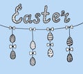 Black and white Easter illustration with lettering and Easter eggs garland decorated with pretty bows.