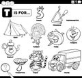 Letter t words educational set coloring book page Royalty Free Stock Photo
