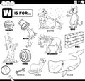 Letter w words educational cartoon set coloring page Royalty Free Stock Photo