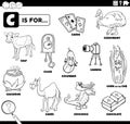 Letter c words educational set coloring book page Royalty Free Stock Photo