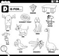 Letter d words educational set coloring book page Royalty Free Stock Photo