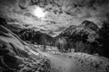 Black and white effect of snowy path at the edge of the forest Royalty Free Stock Photo
