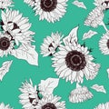 black and white elegance sunflowers in mint background seamless pattern print