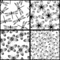 Black and white elegant leaves flowers, butterflies and dragonflies seamless patterns set, vector