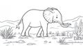 Cute Elephant Cartoon Outline in Desert Landscape, Coloring Page Royalty Free Stock Photo
