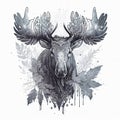Black-and-white elk with huge horns and leaves pattern design