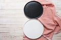 Black and white empty plate mock up top view on wooden table, table cloth napkin top view Royalty Free Stock Photo