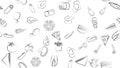 Black and white endless seamless pattern of food and snack items icons set for restaurant bar cafe: hot dog, ice cream, greens, Royalty Free Stock Photo