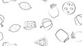 Black and white endless seamless pattern of food and snack items icons set for restaurant bar cafe: lemon, apple, chicken, cheese