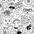Black and white endless wallpaper with hipster cats and autumn mushrooms.