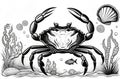 black and white engraving illustration of crab with claws on sea bottom. ocean wildlife, seafood