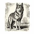 Black And White Engraving Of A Standing Wolf: Realistic, Simplified, And Vintage