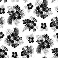 Black and White Tropical Exotic Foliage and Hibiscus Floral Vector Seamless Pattern. Line Drawing Background. Royalty Free Stock Photo