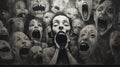 Angry Face With Monsters: Hyperrealistic Black And White Painting