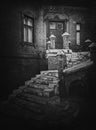 Black and white exterior architecture details, old staircase leads to the entry of the Hunting Castle at Manuc Bei mansion. Old