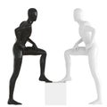 Black and white faceless mannequin guys stand with his foot on a white box. 3d rendering