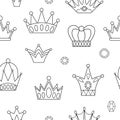 Black and white fairy tale crowns seamless pattern. Vector line repeat background with fantasy king or queen accessories. Digital
