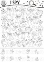 Black and white fairytale I spy game for kids with fantasy creatures. Searching and counting activity with witch, dragon, frog Royalty Free Stock Photo