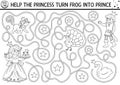 Black and white fairytale maze for kids with fantasy characters. Magic kingdom line preschool printable activity. Fairy tale Royalty Free Stock Photo