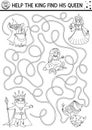 Black and white fairytale maze for kids with fantasy characters. Magic kingdom line preschool printable activity with witch, fairy Royalty Free Stock Photo