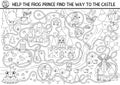 Black and white fairytale maze for kids with medieval village map. Magic kingdom line preschool printable activity. Fairy tale