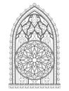 Black and white fantasy drawing for coloring book. Beautiful stained glass window with rose. Medieval architecture.