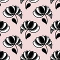 Black and white fantasy flowers on a delicate pink background, hand drawing . Vector seamless background