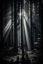 Black and white fantasy forest with rays of light coming through the trees Royalty Free Stock Photo