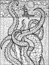 Black and white fantasy illustration of sea monster Leviathan and monk with cross on the boat